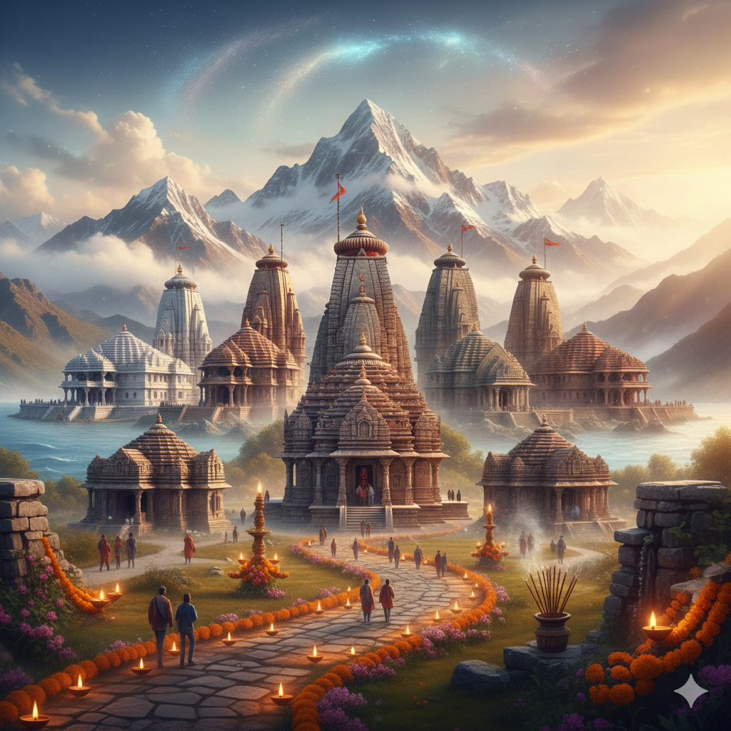 An artistic and aesthetic collage showcasing the 12 sacred Jyotirlinga temples of Lord Shiva from different parts of India, appealing to travelers interested in the 12 Jyotirlinga Yatra pilgrimage.