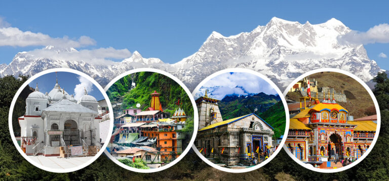 “Scenic view of Uttarakhand Himalayas featuring the Char Dham pilgrimage shrines – Yamunotri, Gangotri, Kedarnath, and Badrinath.