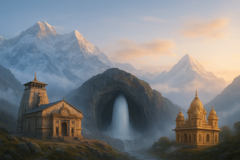 Ancient stone temples and a waterfall emerging from a dark cave at the base of dramatic, snow-capped Himalayan mountains under a sunrise sky.