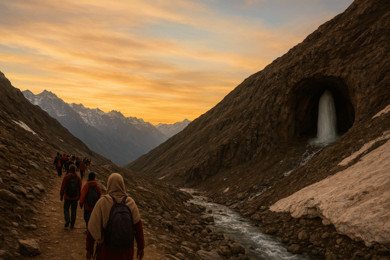 Pilgrims trekking through the Himalayan mountains on the route to the sacred Amarnath Cave during the Amarnath Yatra