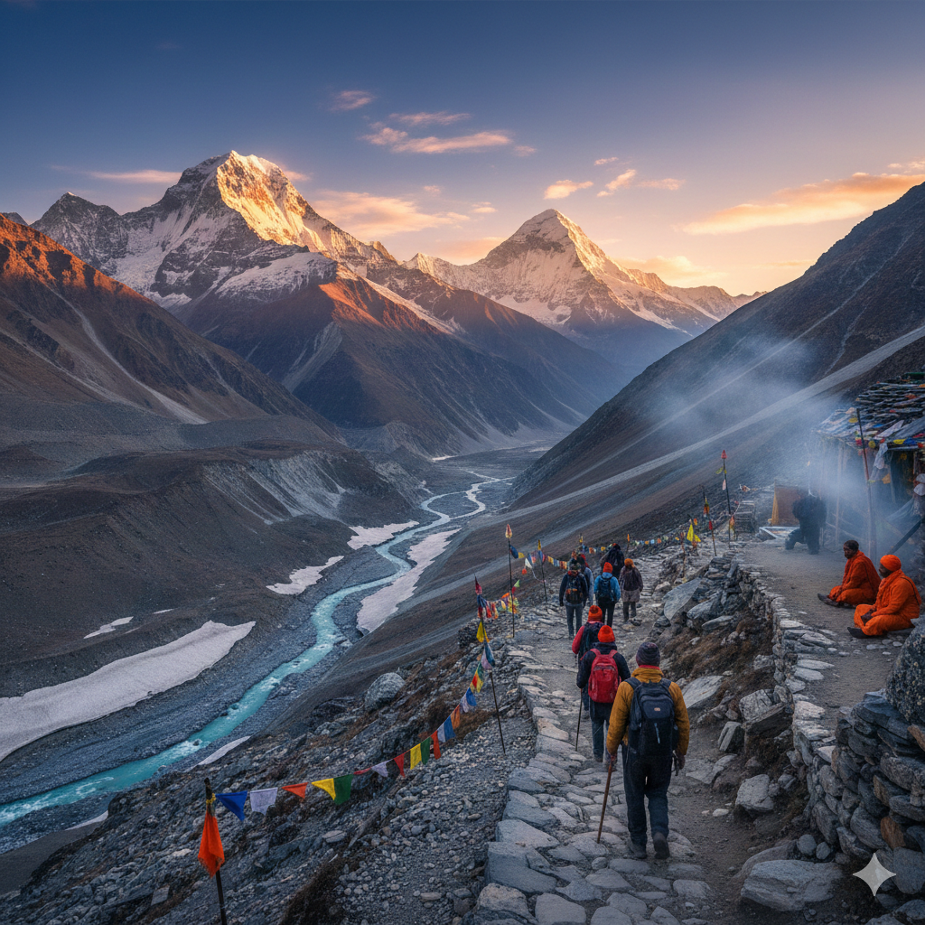 A group of pilgrims in warm clothing walk along a stone-paved path high in the rugged Himalayas, with snowy peaks illuminated by the soft light of sunset or sunrise. A turquoise river snakes through the valley below, and Buddhist prayer flags are strung along the path.