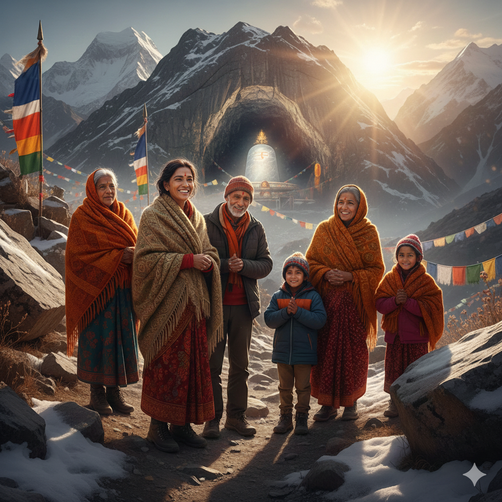 A happy family of Hindu pilgrims, including a man, woman, and child, smiling joyously near the sacred Amarnath Cave shrine, with the natural ice Shiva Lingam visible in the background, symbolizing the successful completion of the Yatra