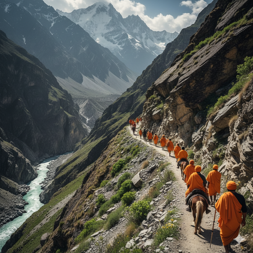 Challenging and steep Baltal route for Amarnath Yatra, showing Hindu pilgrims trekking a narrow, rocky path ascending sharply through high-altitude Himalayan terrain towards a mountain pass. The trail is rugged, emphasizing the demanding 14km trek.