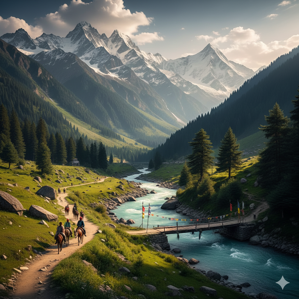 Horse riding trail along a turquoise river in a lush mountain valley with snow-capped peaks and a wooden bridge.