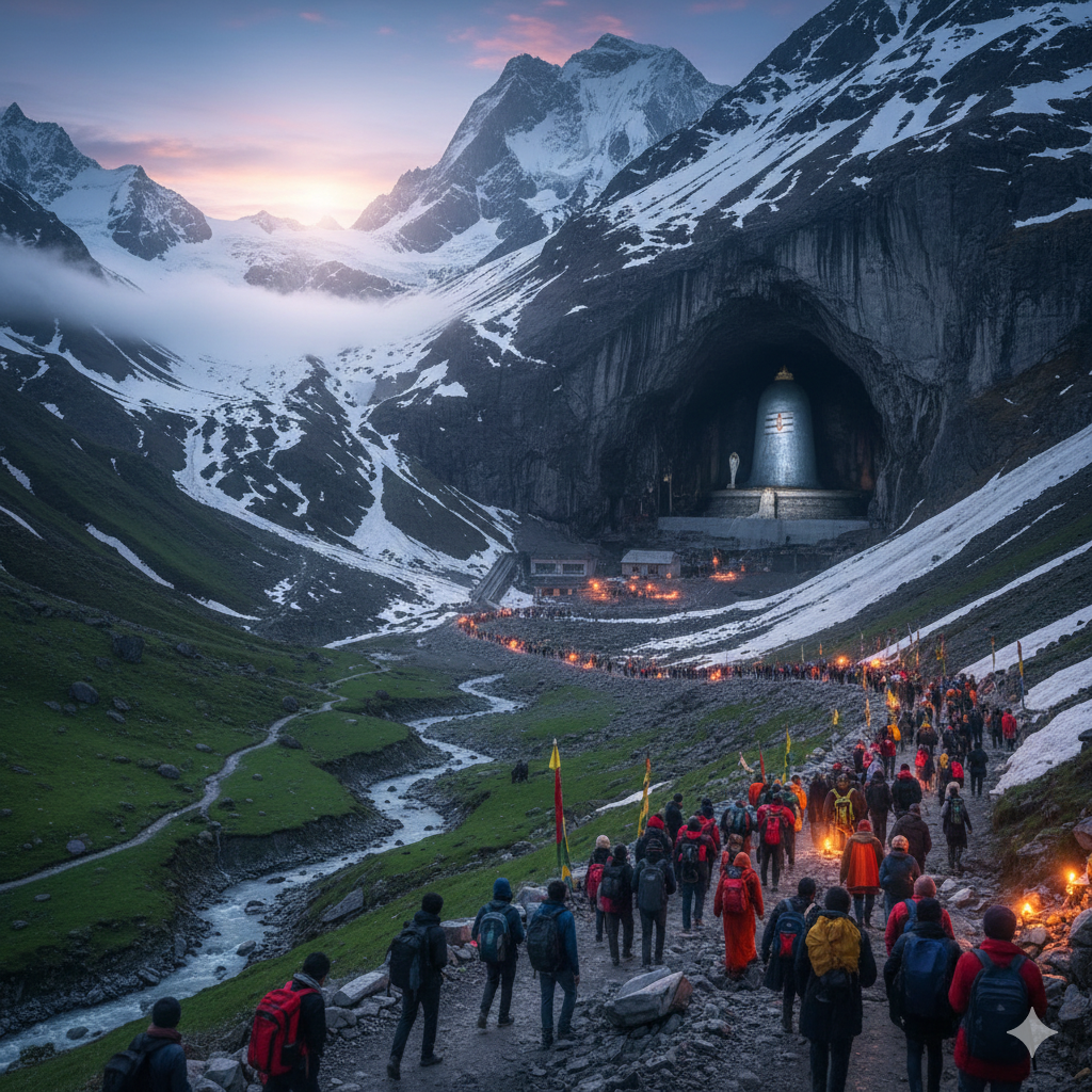 A majestic and serene image of the Amarnath Cave temple in the snow-capped Himalayan mountains, representing the sacred Amarnath Yatra pilgrimage